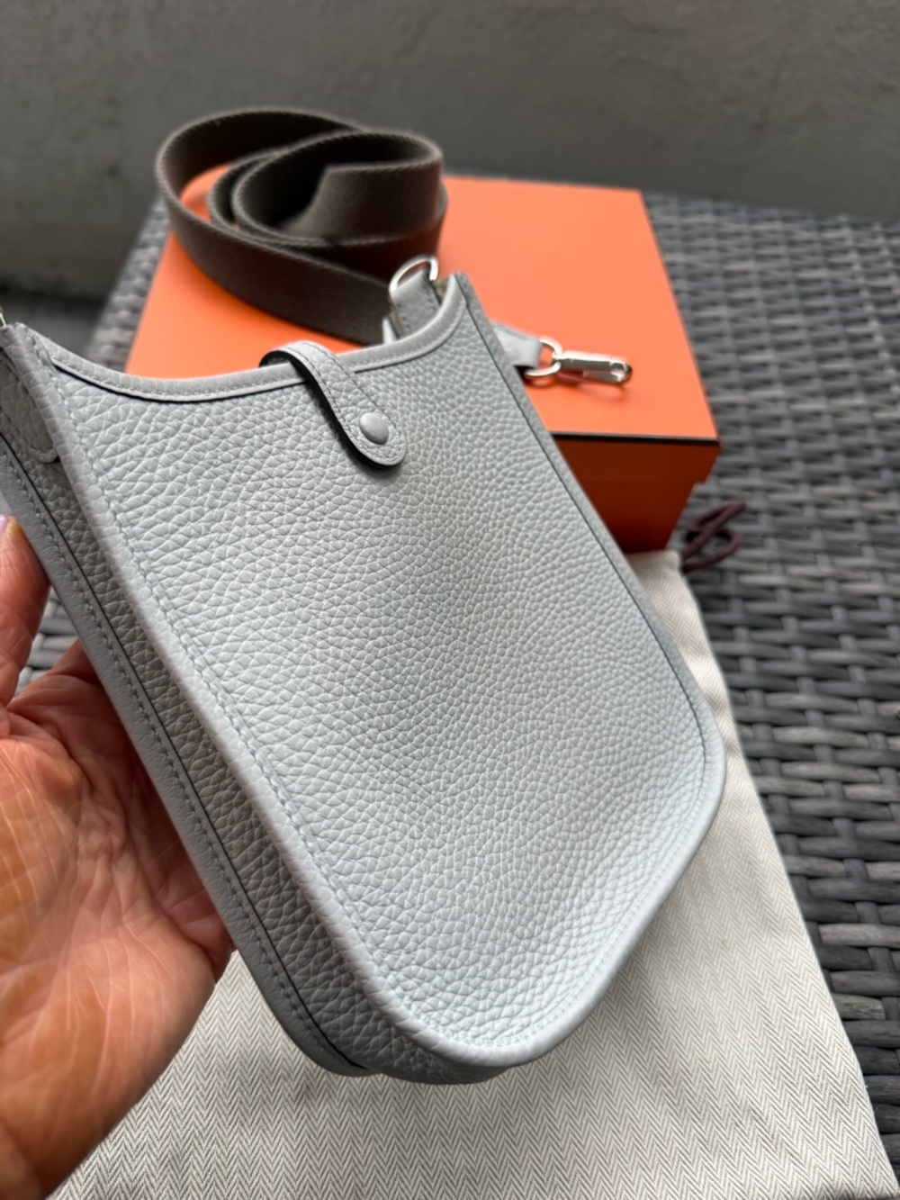 HERMÈS Mini Evelyne Amazone TPM 16 Bleu Pale & Gris Etain Full Set Receipt Copy - Picture 8 of 14